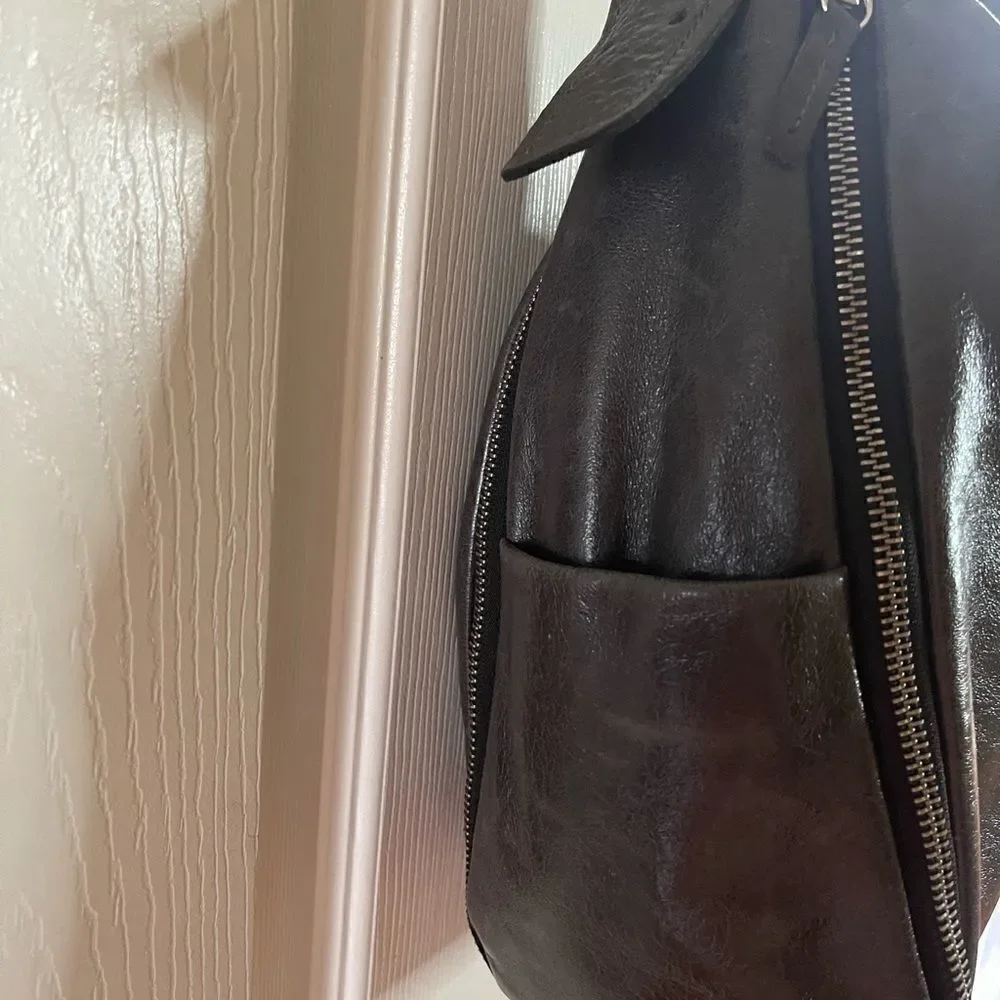Arcadia gray Italian soft leather shoulder bag with extended silver tone…